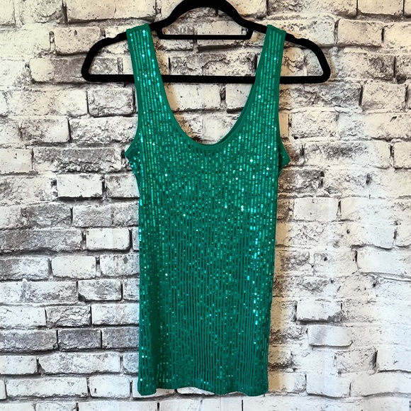 Express Green Ribbed Front Sequin Tank Top Size M - Picture 3 of 4
